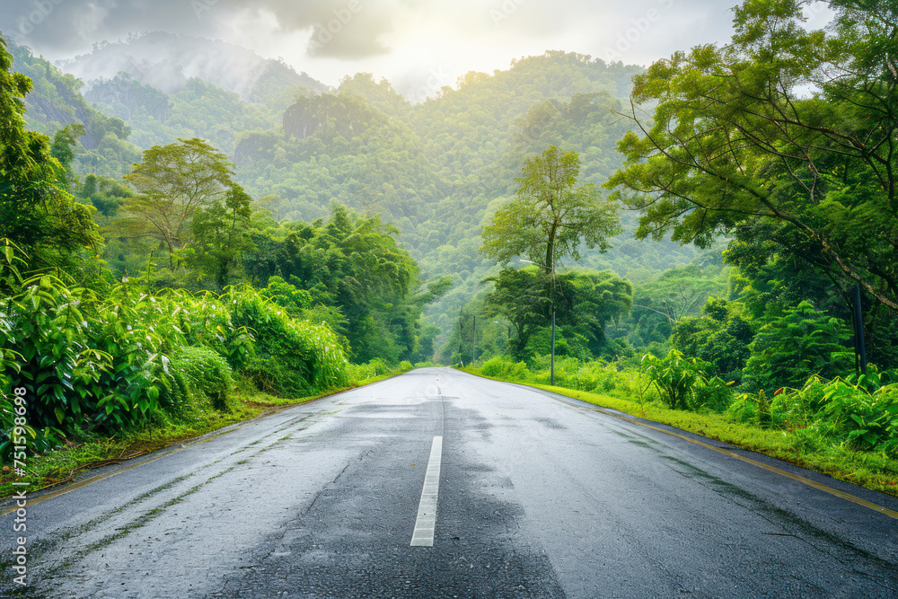 Fototapeta premium Asphalt road and green forest with mountain nature landscape.
