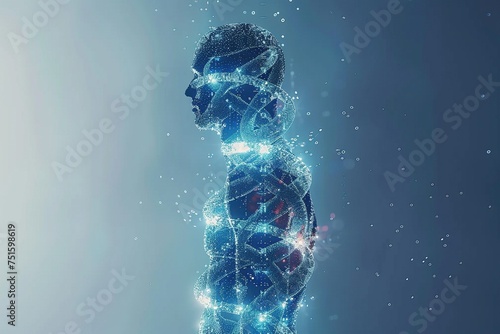 human abstract figure, sculpted from dynamic DNA strands and amino acids, enlivened by a glitch effect that lends a sense of technological wonder, bathed in a serene blue and white color scheme