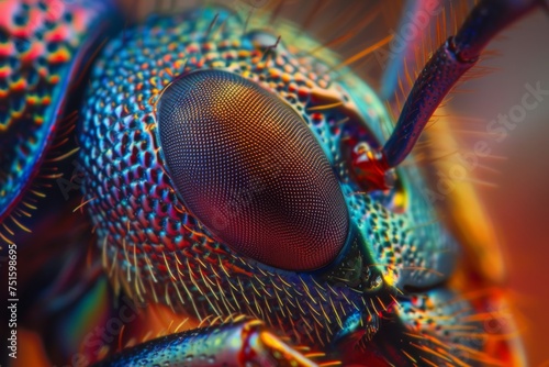 A close up view of an ants compound eyes revealing the kaleidoscope of colors and the intricate texture of its surface