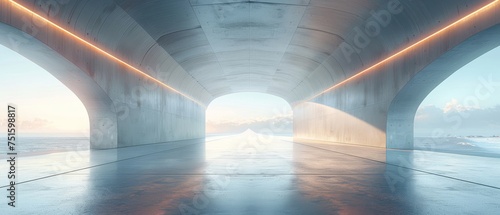 Rendering of a 3D architecture tunnel on the highway with an empty asphalt road.