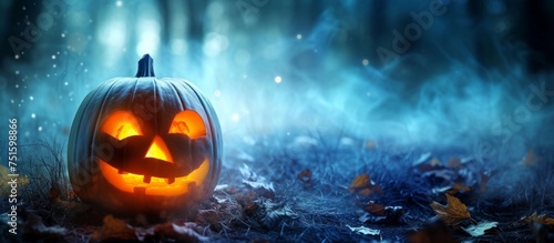 Spooky Halloween pumpkin standing alone in a vast field at night under the moonlight