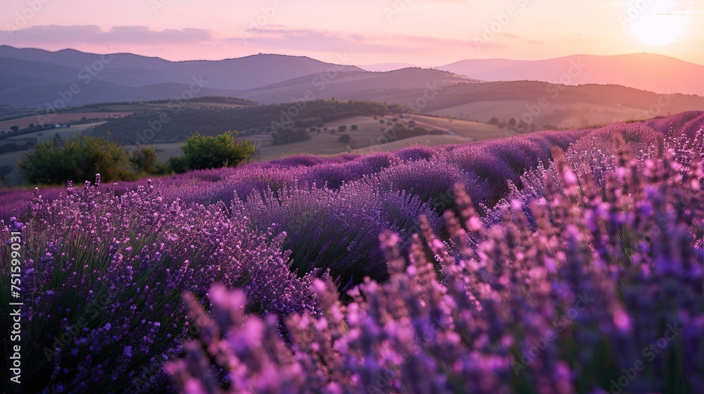 Obraz premium A Tranquil Morning in a Lavender Field with the Sun Rising Over Misty Mountains