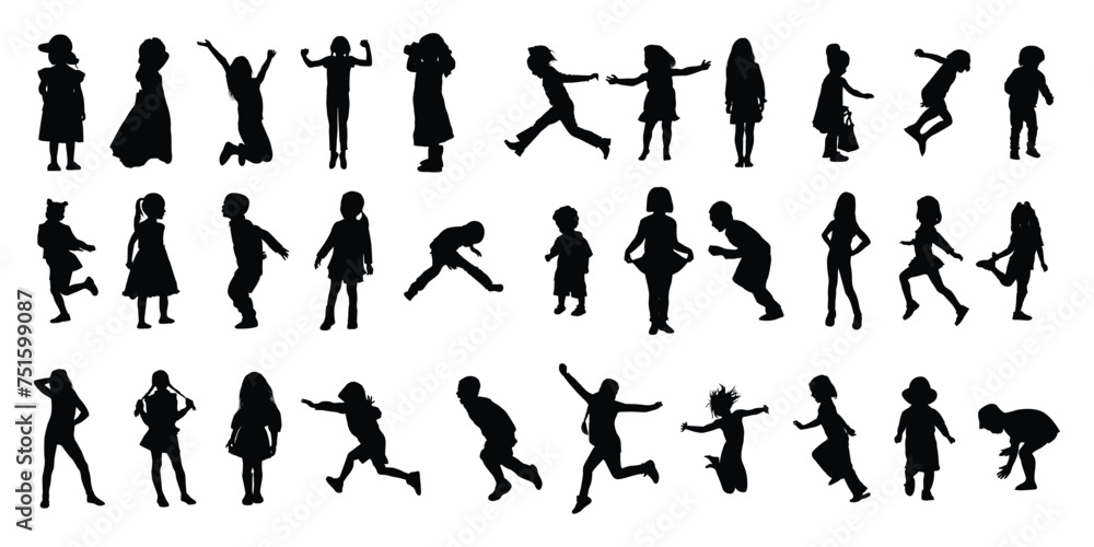 Set silhouettes of little children playing isolated on white background