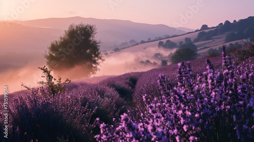 Sunrise Illuminates a Lush Lavender Field with Foggy Mountains Looming in the Background