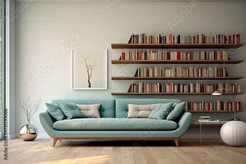 A living room with a blue couch and a white wall. The couch is surrounded by a large number of books on shelves © Artinun