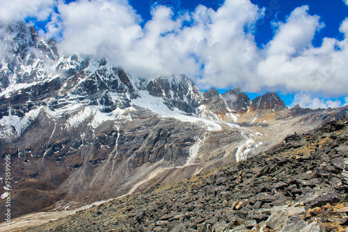 Peaks surrounding the Renjo la pass seem from top of Gokyo Ri in Nepal photo