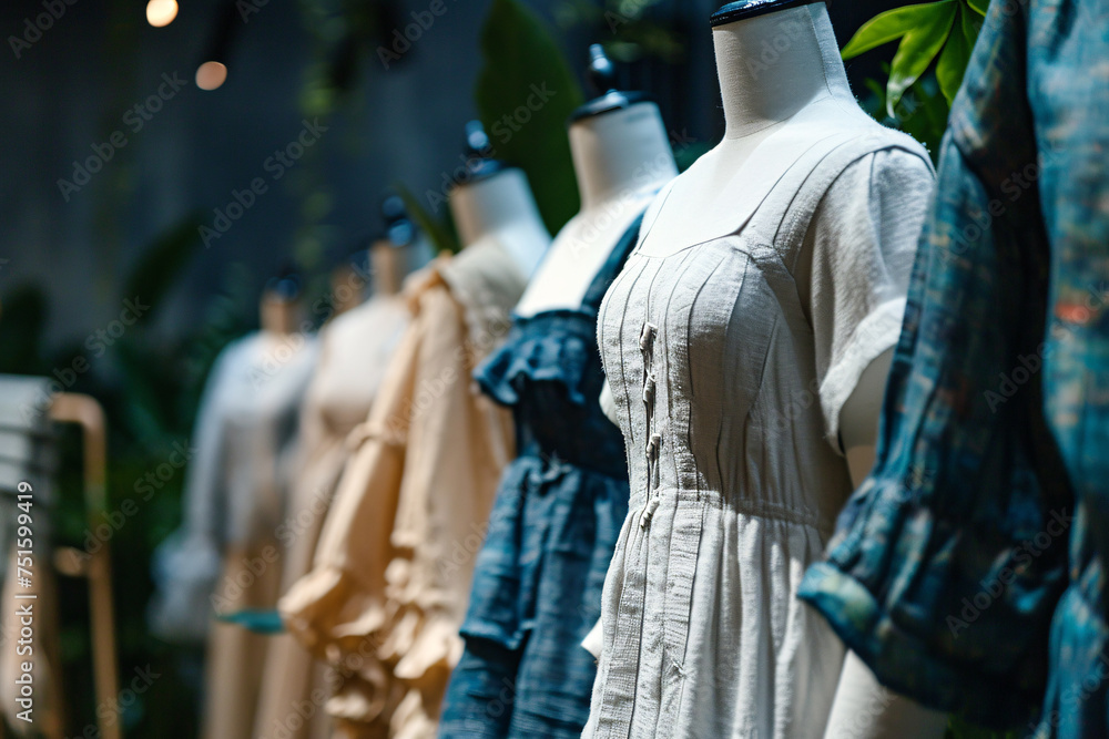 Sustainable fashion concept. A row of mannequins are dressed in various outfits, including a white dress and a blue dress