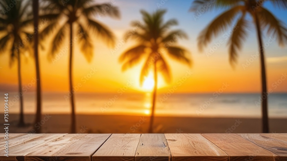Wooden surface against the background of the sea, sunset palms. Empty top of wooden table, sunset or sunrise view background. To display product.