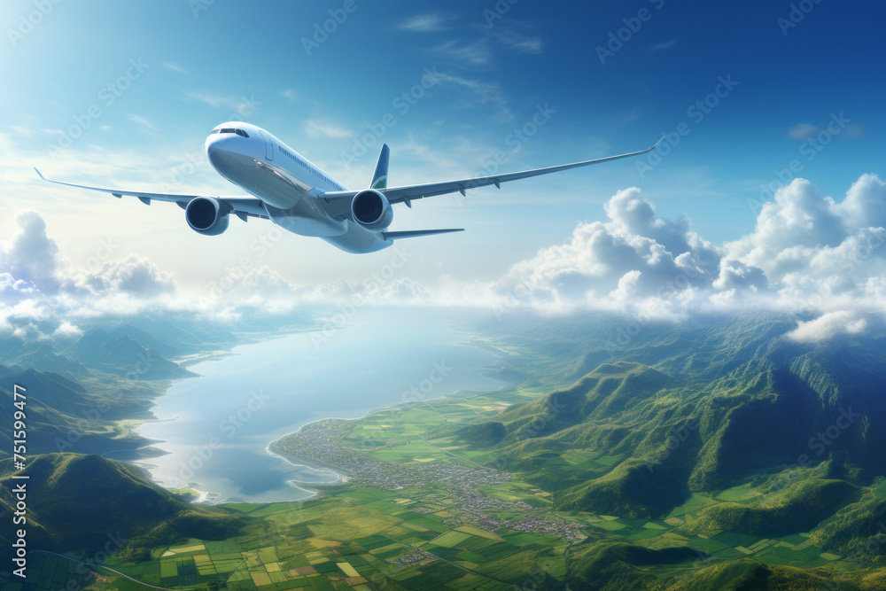 Naklejka premium Passenger airplane flying above sky during beautiful mountain Created with Generative AI technology.