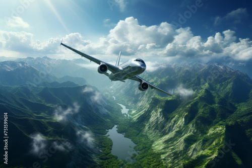 Passenger airplane flying above sky during beautiful mountain Created with Generative AI technology.