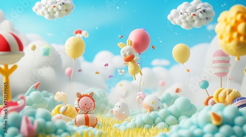 Cute animal birthday party with balloons and clouds