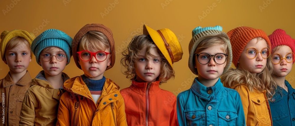 On a color background, a collage of stylish cute kids poses