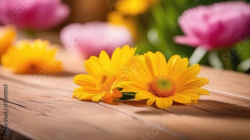 Wooden surface on background of flowers. Blurred background. Place for text. Copyspace.