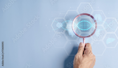 doctor, health care, medicine, science, hospital, research, analysis, health, biology, chromosome. medicine doctor hold a magnifier to search medical record. digital healthcare on hologram screen.