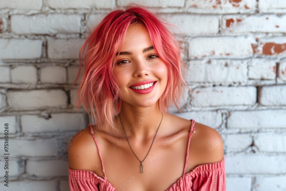 Portrait of a young urban woman with dyed pink hair and red lipstick in summer dresses posing on a white brick wall and smiles.