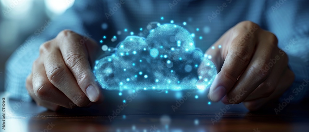 Hand of a businessman working with a cloud computing diagram - obrazy, fototapety, plakaty 