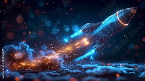 Isolated  illustration of an abstract rocket launch from a laptop. Design in a low poly style. Blue geometric background. Wireframe connection structure for light. Isolated  illustration.
