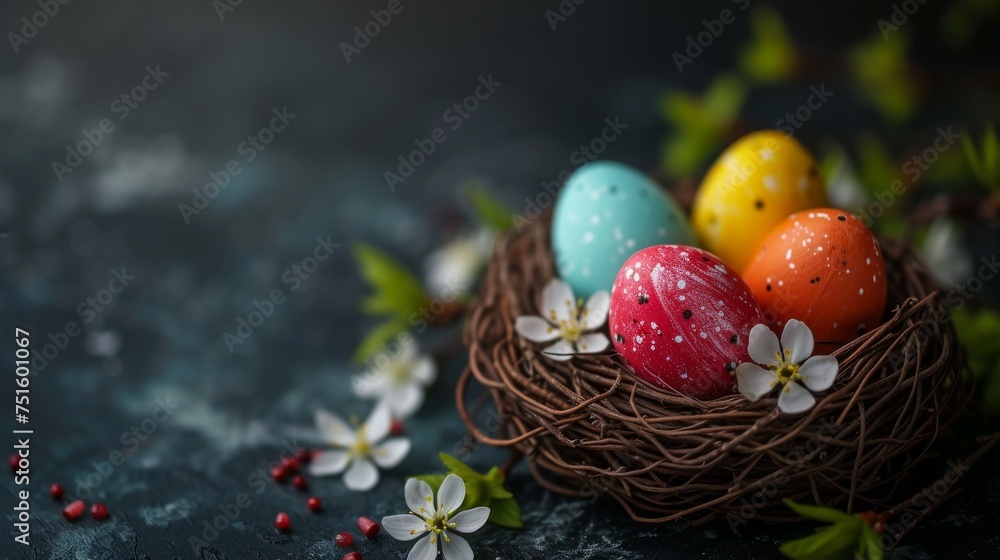 Springtime Celebration With Decorative Easter Eggs on black background Springtime Celebration With Decorative Easter Eggs on black background