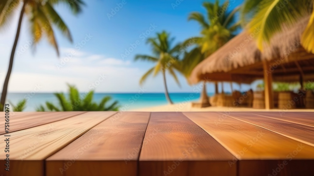 Wooden surface on the background of the sea, palm trees. the beach. A place for the text. Empty space. Blurred background.