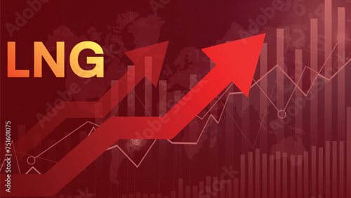 LNG prices increase concept red,orange background with graph arrow going up and typography above