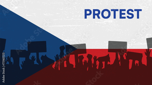 Protest in Czechia Concept background with waving flag and sillhoutte design. Czechs people protesting concept backdrop photo
