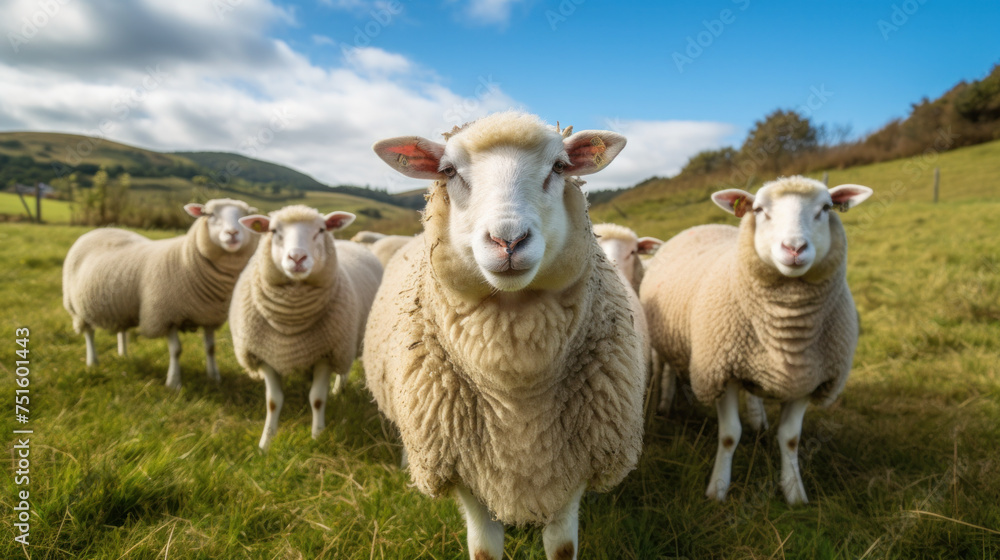 Closeup of a sheep with sheep herd in the field in the warming light of sunrise.