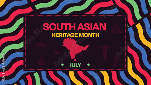 South Asian Heritage Month Wallpaper with colorful shapes and typography inside box. July is celebrated as South Asian heritage month, backdrop