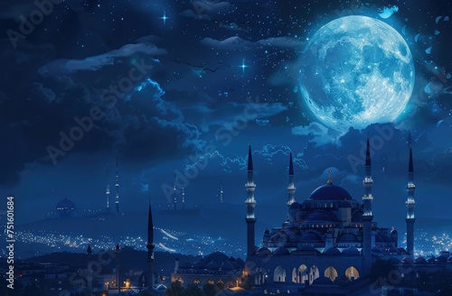 Beautiful Mosque in a Islamic City at Night With a Big Moon and Beautiful Sky