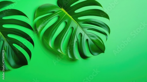 Two Monster leaves on green background. Tropical plant, summer, jungle, botany, flora. Space for text, free space