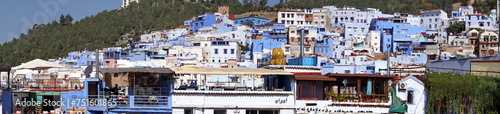 Panorama of blue and white buildings on a slope in the medina, in Chefchaouen, Morocco © Angela