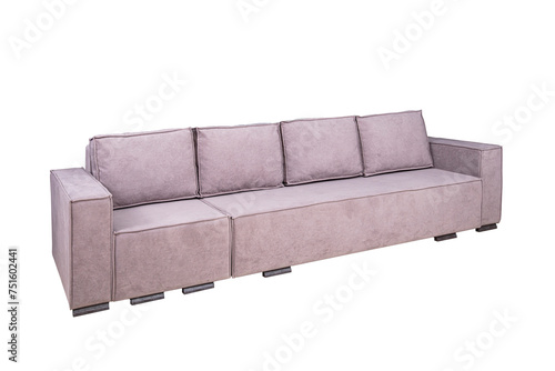Pink light sofa with velor fabric pillows isolated on a white background. Cushioned furniture.