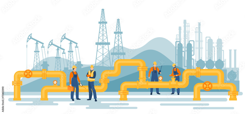 Fototapeta premium Oil gas workers. Petroleum pipeline engineers.