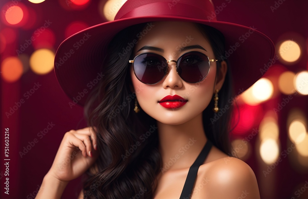 Elegant asian lady in wide brimmed hat with red lips and sunglasses Elegant asian lady in wide brimmed hat with red lips and sunglasses