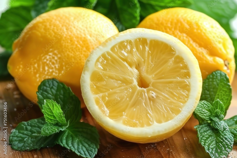 Yellow lime slices with mint leaves on wooden table Yellow lime slices with mint leaves on wooden table