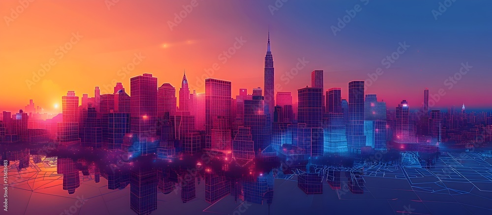 Neon-Infused Digital Cityscape at Sunset, To provide a visually striking and dynamic image of a modern city at sunset, perfect for use in