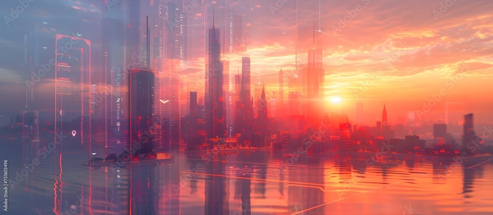 Futuristic City at Sunset in a Gauzy Atmosphere, To provide a visually striking and conceptual image of a futuristic city, suitable for use in - obrazy, fototapety, plakaty 