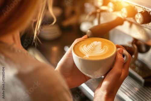 Close-up of a barista's hand pouring latte art in a cafe