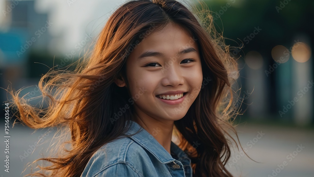 Charming Asian teenager with wavy long hair Charming Asian teenager with wavy long hair