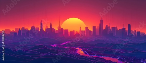 Vibrant City Sunset in Synthwave Style, To provide a unique and eye-catching visual for advertising, marketing, or design projects, capturing the photo