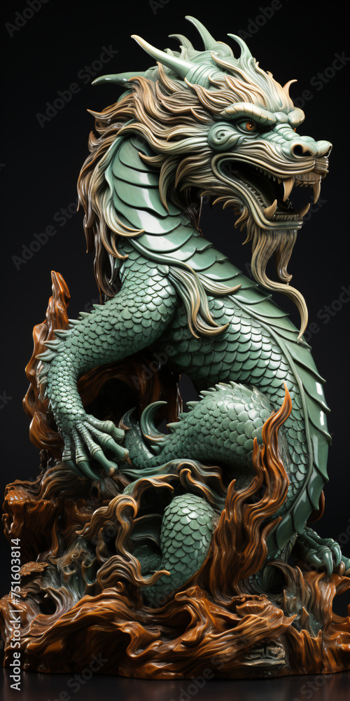A green dragon statue with a red and brown base. The dragon is sitting on a pile of wood and has a menacing look on its face
