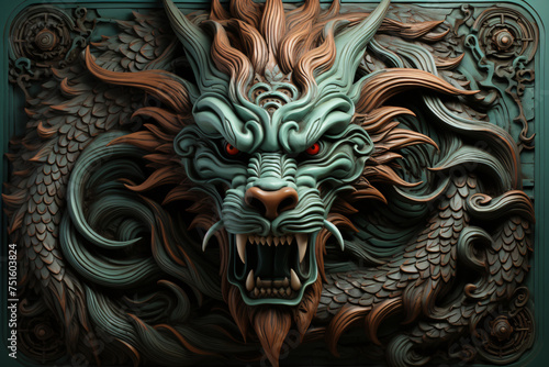 A dragon with a menacing look on its face is depicted on a blue and green background. The dragon's mouth is open, and its teeth are visible, giving it a fierce appearance