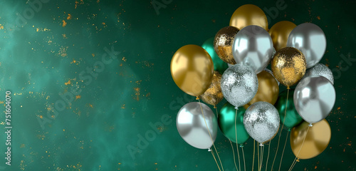 A cluster of shimmering silver and gold balloons, floating gracefully against a deep emerald green background