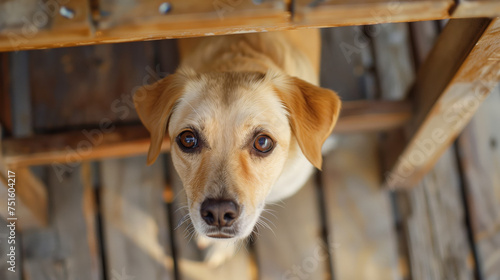 A dog looks out from under the table, begging for food © Alina Zavhorodnii