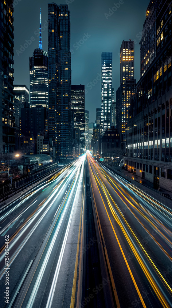 Vibrant Cityscape, Car Light Trails in Evening Glow