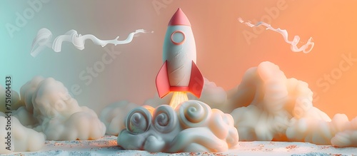 3D Abstract Rocket Rocketing in Rococo Pastel Style, To provide a visually appealing and conceptual design of a rocket flying through space in the