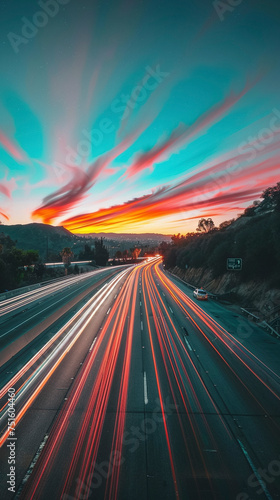 Vibrant Car Light Trails at Sunset, Urban Motion Blur