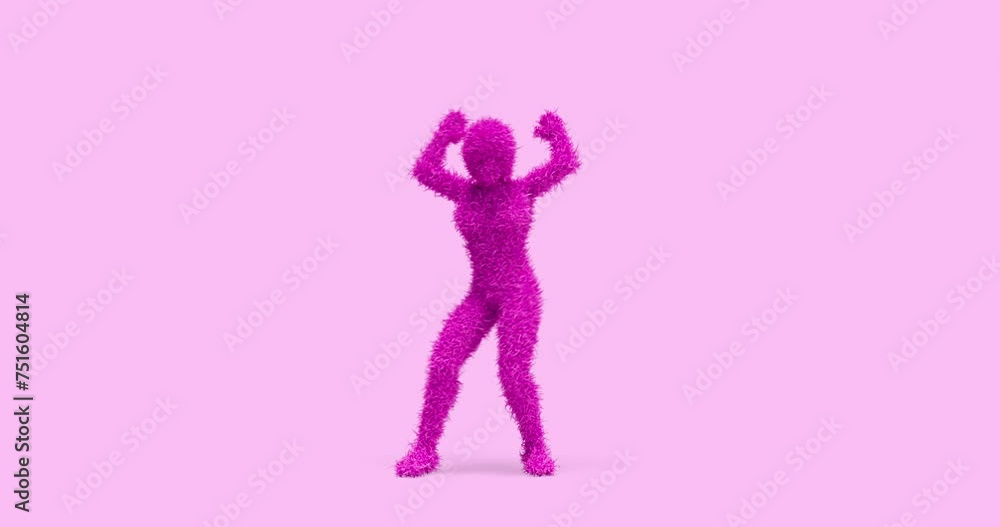 Pink 3D Hairy Fur Female Character Dancing On Empty Stage. Loopable With Luma Channel. Dance And Entertainment Related 3D Abstract Animation. Pink 3D Hairy Fur Female Character Dancing On Empty Stage. Loopable With Luma Channel. Dance And Entertainment Related 3D Abstract Animation.