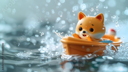 Toy Cat in a Boat on a Rainy Day, This image would be perfect for showcasing a cute and imaginative scene, ideal for websites, blogs, or digital