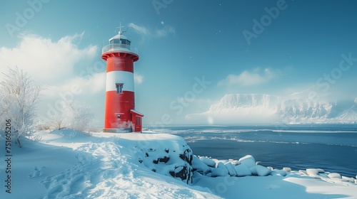 Lighthouse with blue sky and sea. in winter with snow cover the ground.