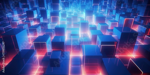 Abstract background of dynamic neon cubes with bright lights creating a sense of motion